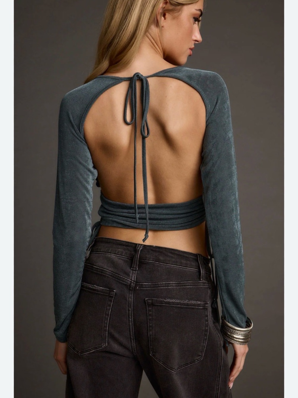 12th Tribe V Neck Cut Out Backless Ruched Long Sleeve Crop Top in Emerald Size S - Picture 2 of 5